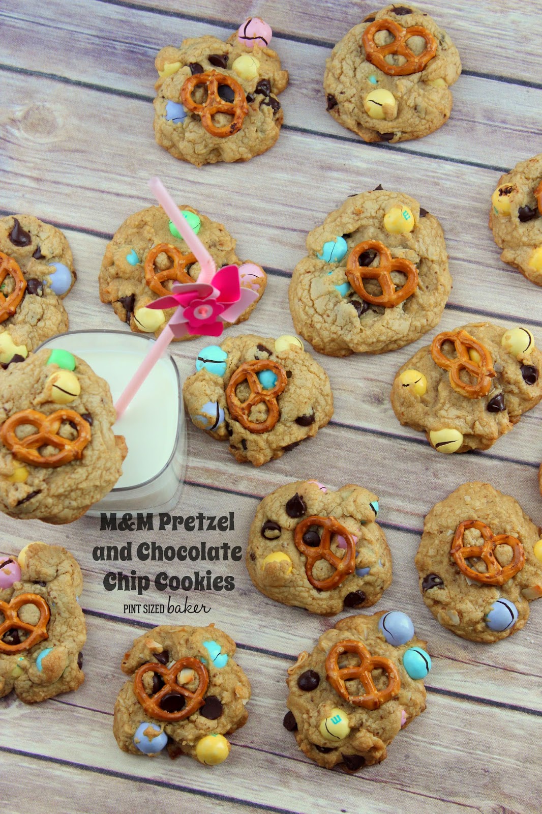 Love sweet and salty? You're gonna love these M and M Pretzel Chocolate Chip Cookies! Easy cookies with salty pretzel M&M's and a pretzel on top!