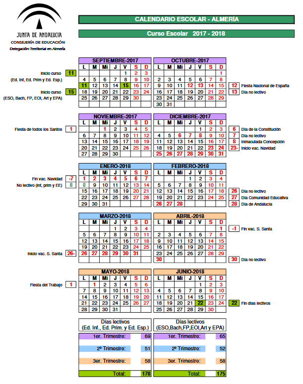 CALENDARIO ESCOLAR - ALMERÍA CURSO ESCOLAR 2017 - 2018