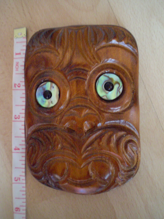sold, MAORI TIKI HAND CARVED FACE MASK - MADE FROM MATAI WOOD  WITH  ABALONE EYES