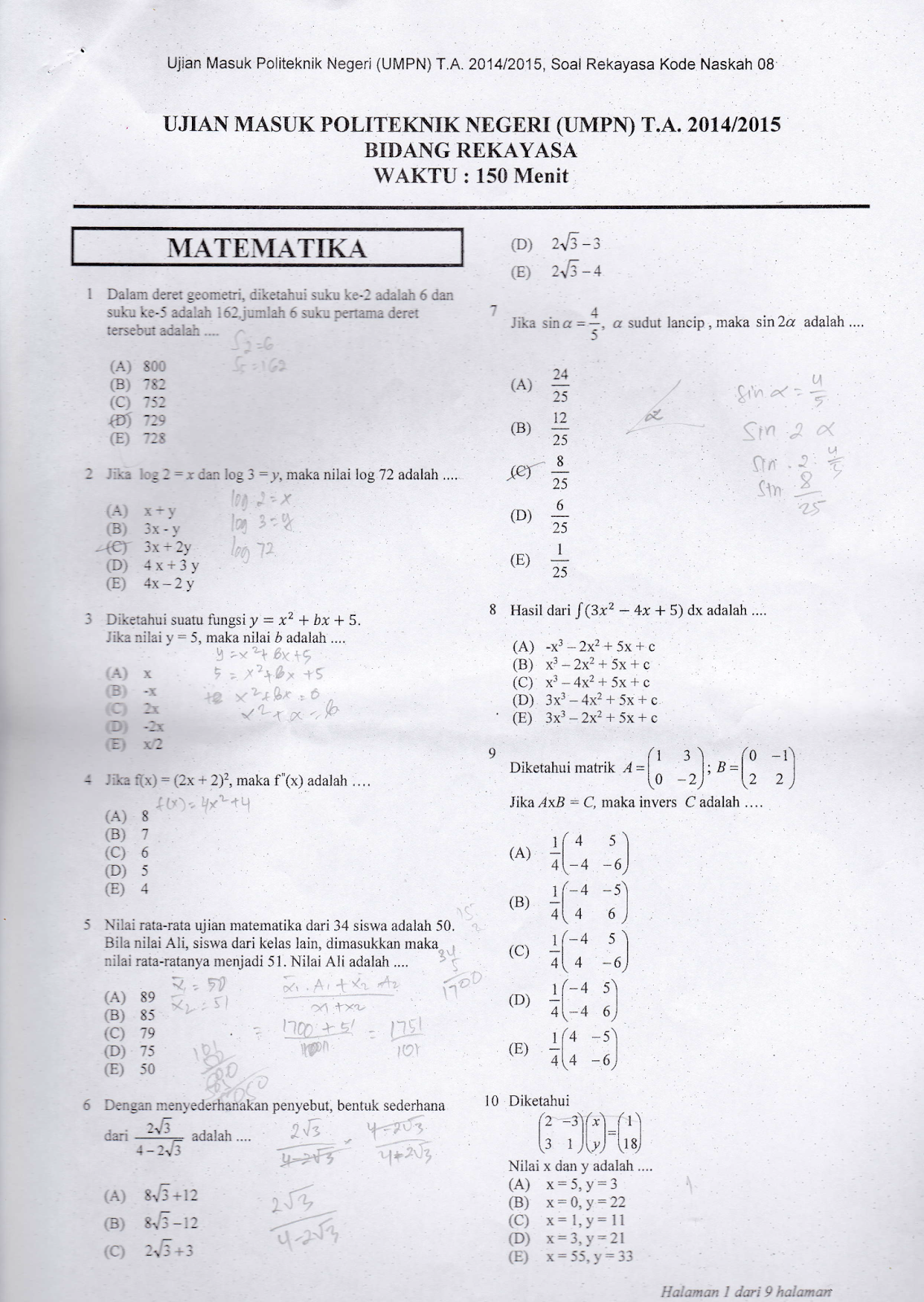 Contoh Soal Tes Masuk Teknik Informatika