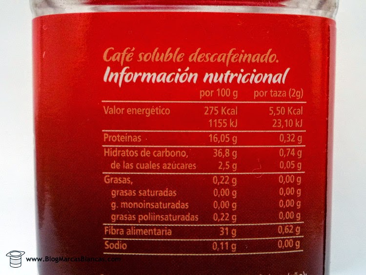 Información nutricional del Café soluble clásico descafeinado Hacendado de Mercadona.