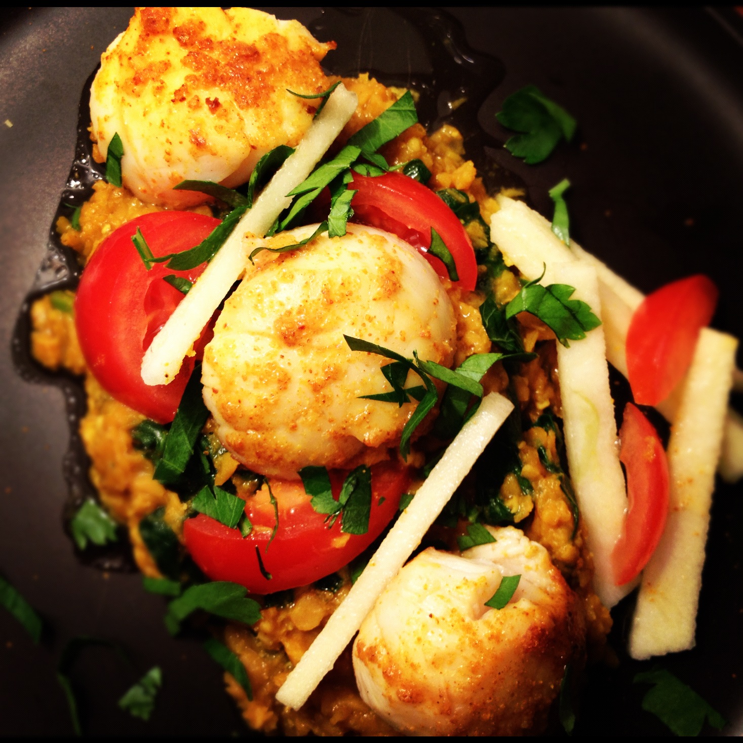 Curried scallops with coconut and coriander dahl and apple salad by