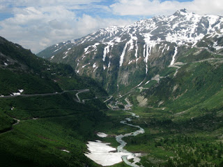 Rhône river flowing through the valley, descending western side of the Furkapass, Switzerland