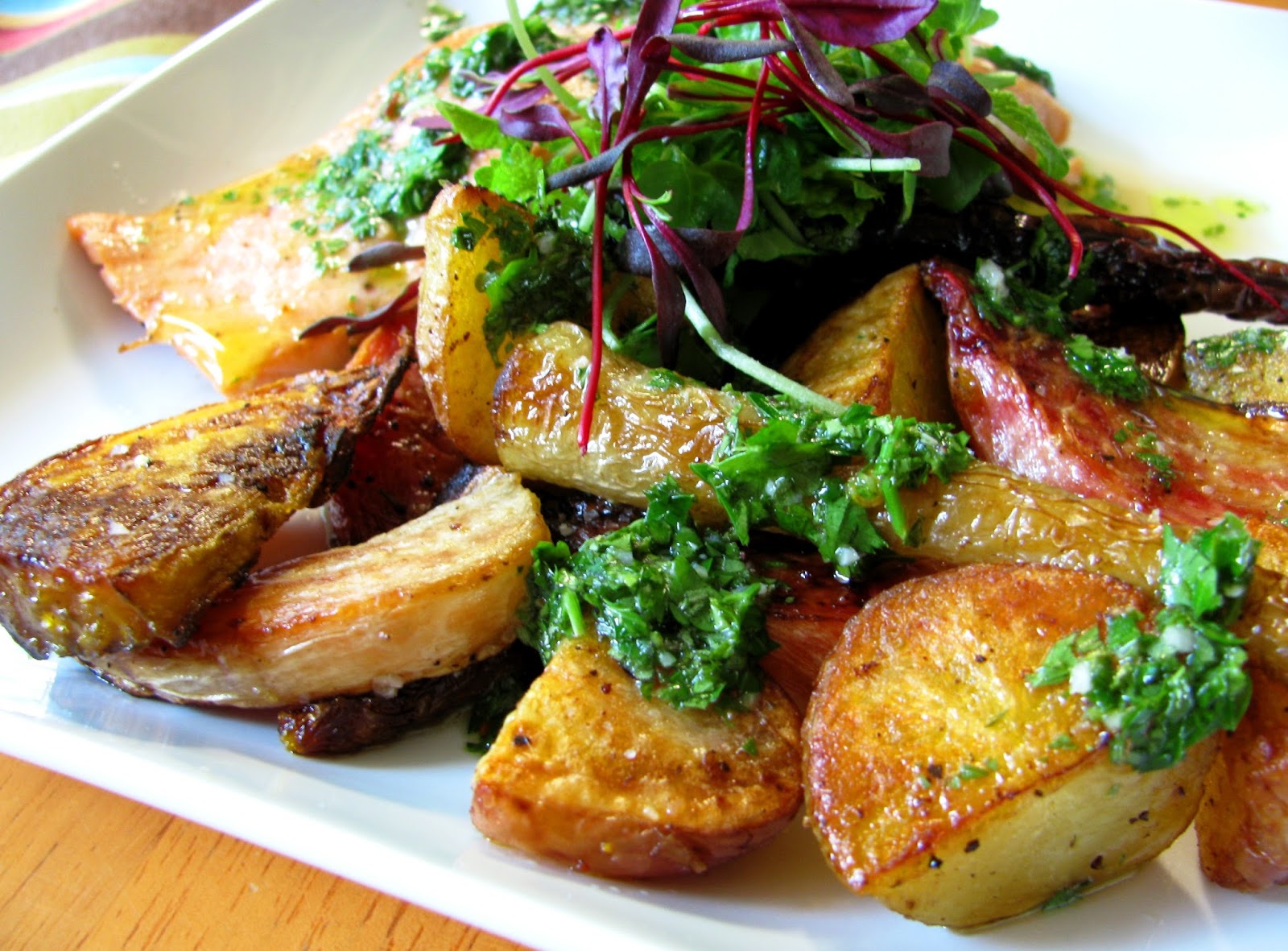 Chena Girl Cooks wild alaska salmon with chimichurri & roasted root