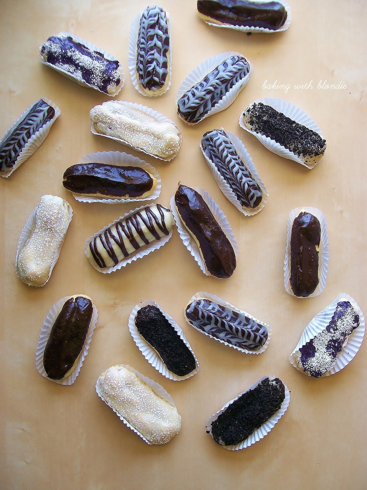 Blackberry Cream Filled Eclairs with White Chocolate Cream Cheese Sauce