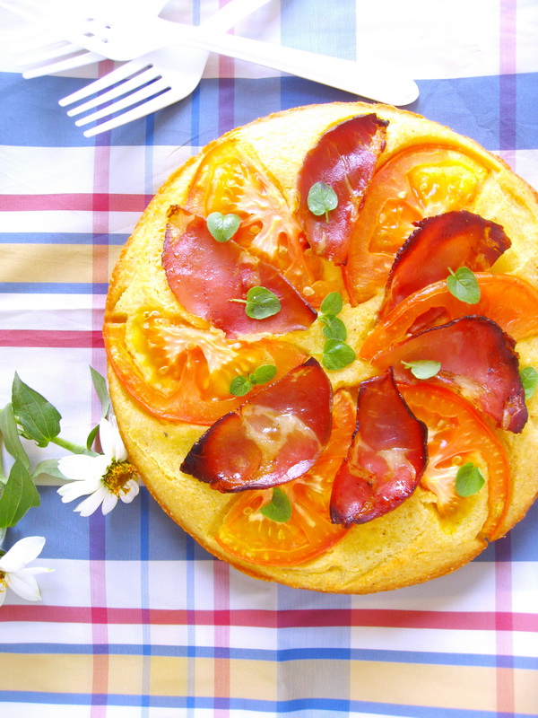 Savory Polenta Cake with RicottaItalian HamTomato and Fresh Oregano