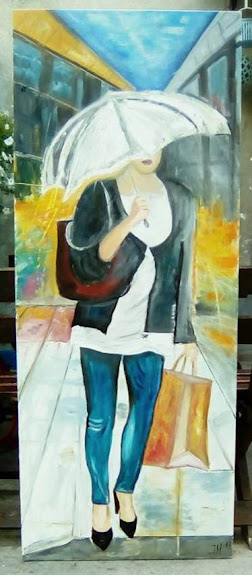 žena na kiši  150 x 60 ulje na platnu-umetnička slika,jasmina miletić djordjević-slikar ikonopisac-