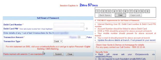 Union Bank of India login password reset