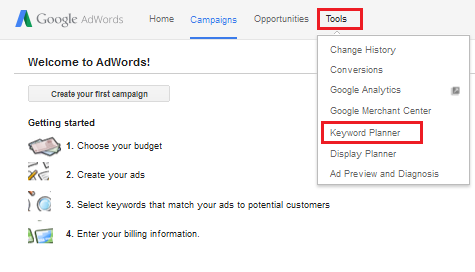 buka google keyword planner pada adwords