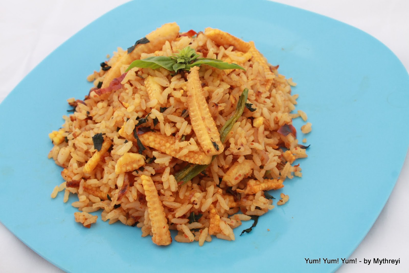 Yum! Yum! Yum! Baby Corn and Basil Fried Rice