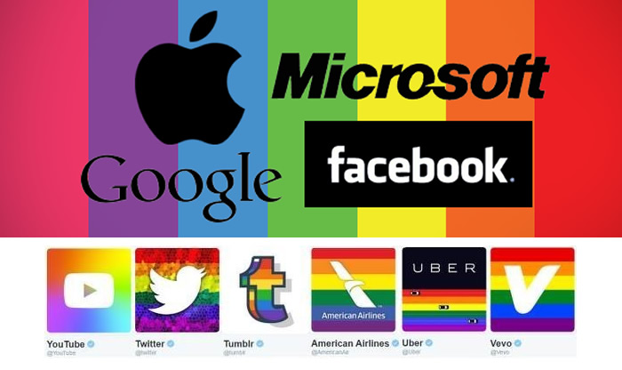 Logos da Apple, Microsoft, Google, Facebook, YouTube, Twitter, Tumblr AmericanAirlines, Uber e Vevo.
