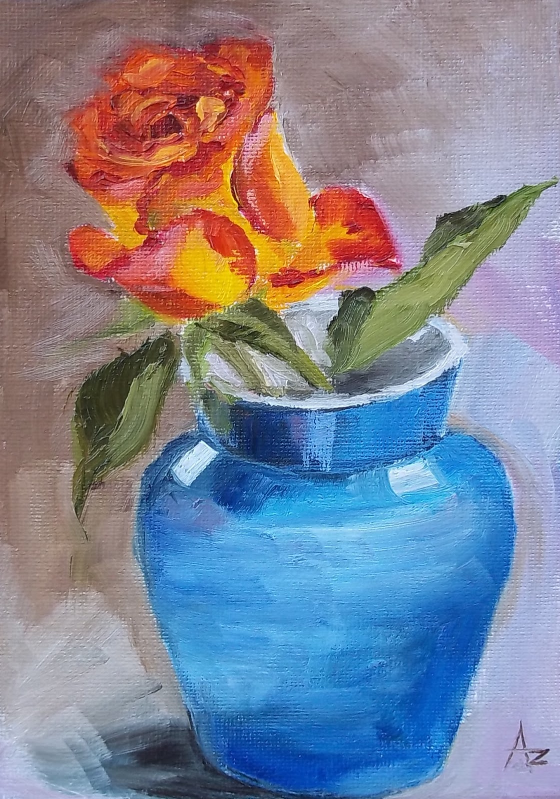 Azra's Painting a Day Orange Rose in Blue Vase