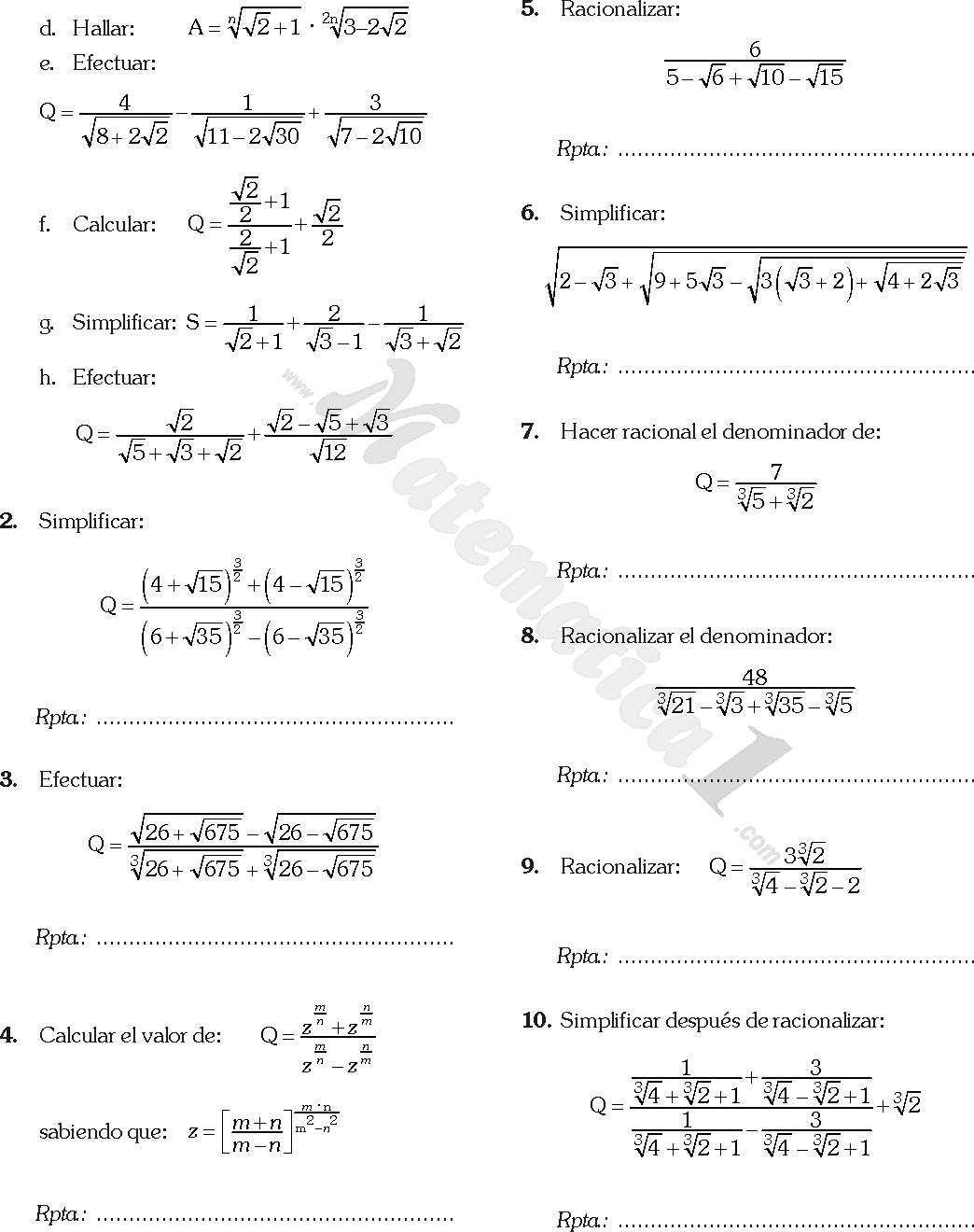 RADICACION ALGEBRAICA EJERCICIOS RESUELTOS PDF