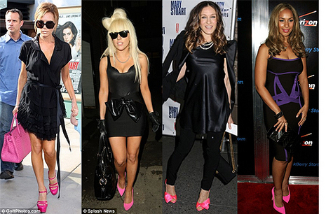 black dress with pink heels