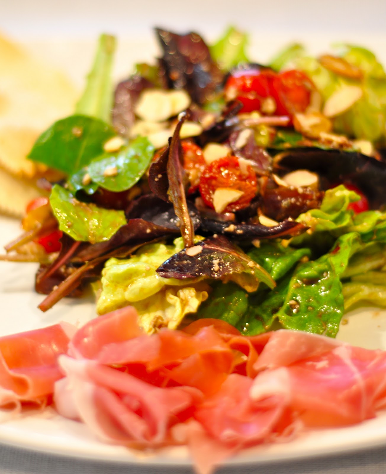 Mariella's blog Mixed Green Salad with Cherry Tomatoes, Dates & Almonds