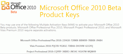 Office 2010 beta serial key