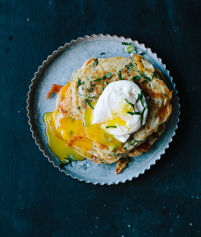 Savory Vegetable Pancakes with Poached Eggs