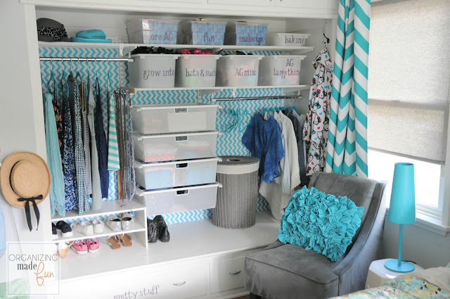 Tween Girl's turquoise organized closet :: OrganizingMadeFun.com