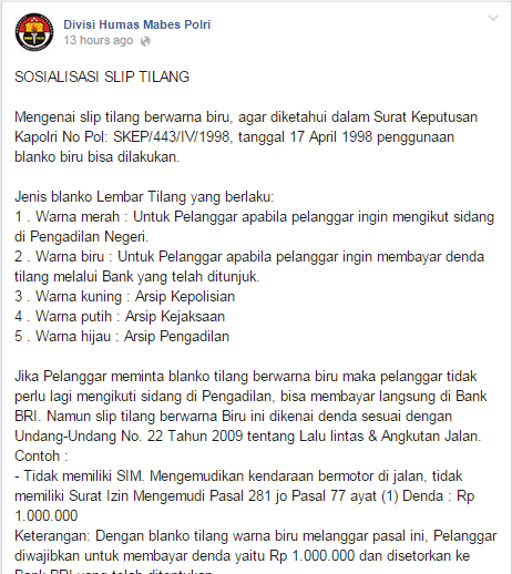 Jenis Lembar Tilang Yang Berlaku Tentang Slip Tilang Warna