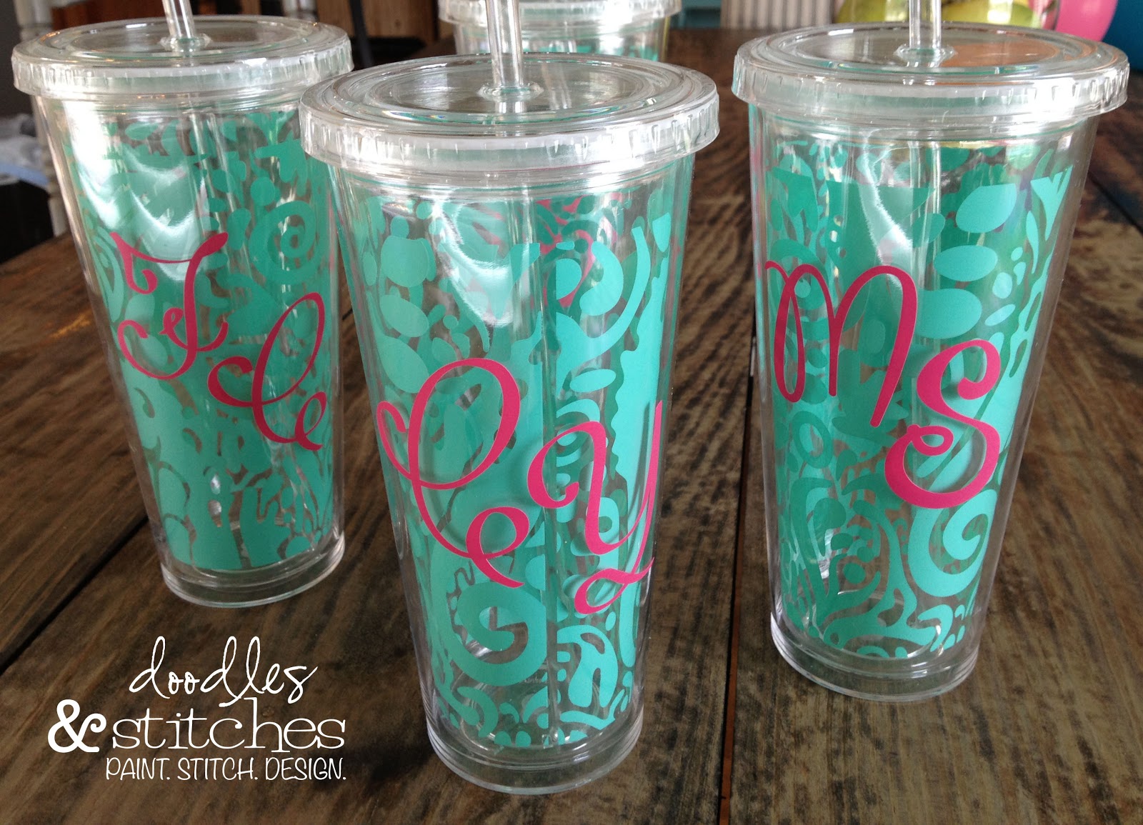 Doodles & Stitches Vinyl Monogram Cups