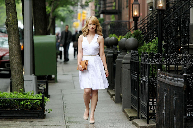 Olivia Wilde in a white dress on the streets of NY filming Revlon commercial 