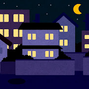 夜の住宅街のイラスト（背景素材）