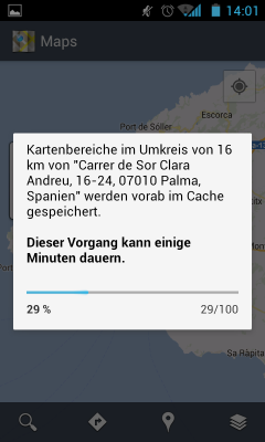 Ein Screenshot zeigt eine Meldung in Google Maps, das Kartenmaterial im Cache speichert