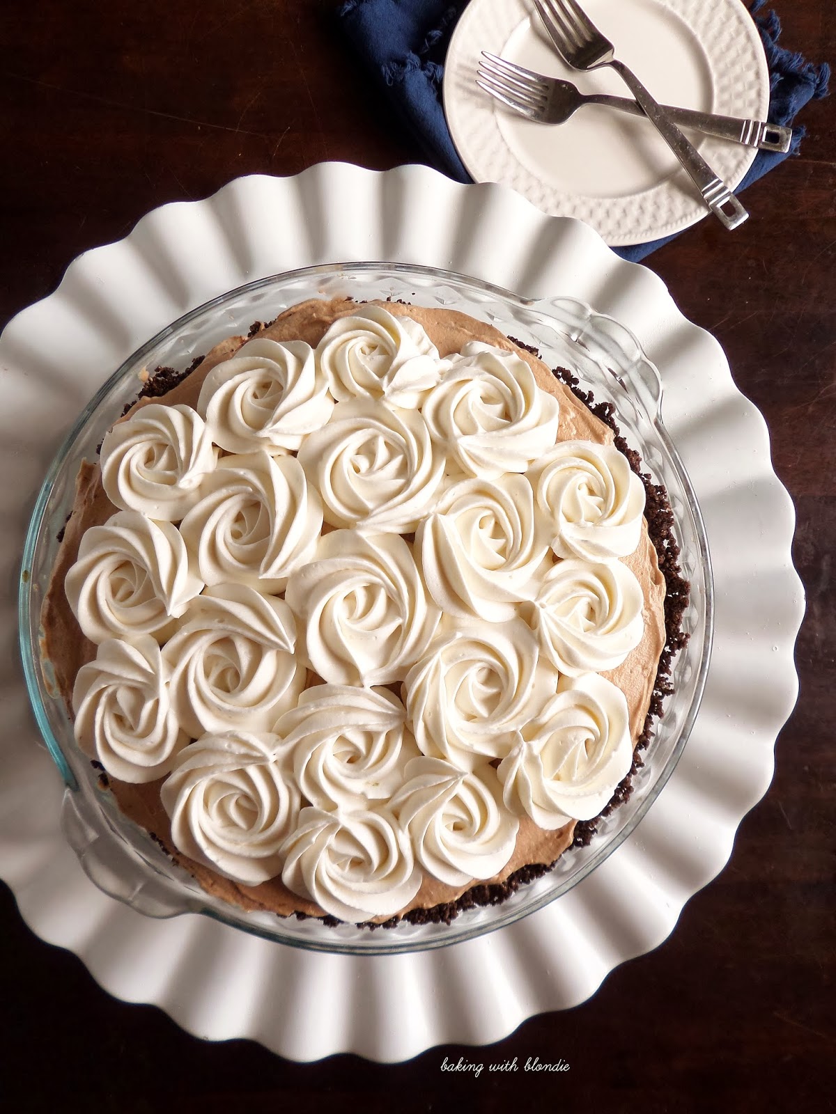 French Silk Chocolate Pie with Whipped Cream Rosettes and Thin Mint Crust