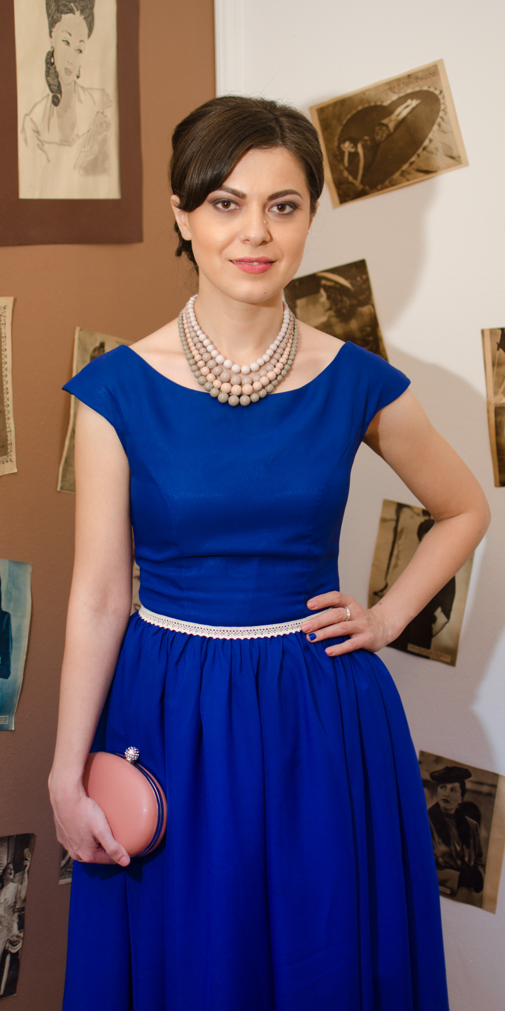 50s diva style cobalt blue dress sheer flowy chiffon dusty pink heels clutch statement necklace