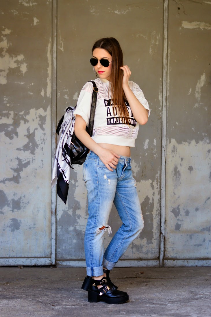 Alexander Wang Parental Advisory Explicit Content Mesh Shirt Top Boyfriend Jeans How to wear boyfriend Jeans Balenciaga Cut Out Boots How to wear cut out boots How to wear hoop earrings Rayban Aviator Sunglasses how to style backpack rucksack Avon Color Trend Lipstick Passion thesparklingcinnamon