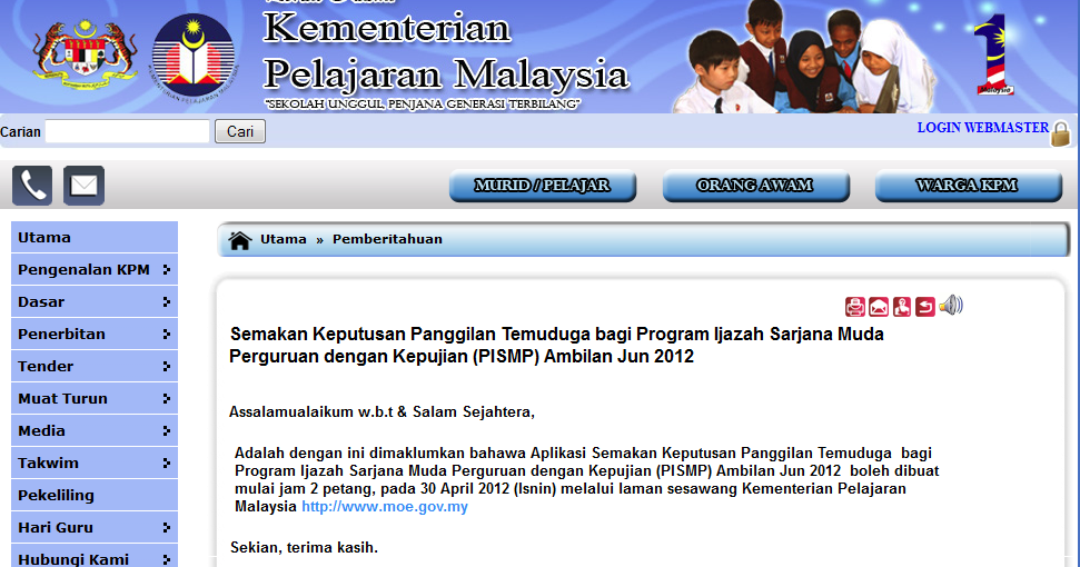 Edisi Informasi Semakan Keputusan Panggilan Temuduga Bagi Program Ijazah Sarjana Muda Perguruan Dengan Kepujian Pismp Ambilan Jun 2012 The Kaki Wayang