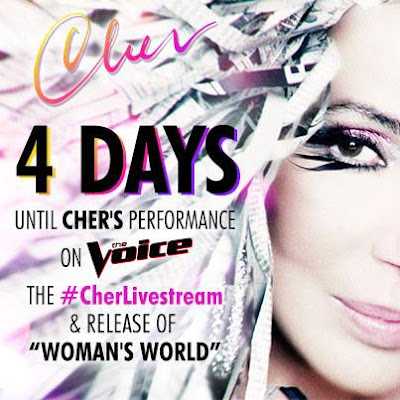 Poster for Cher's new single 'Woman's World', her 'The Voice' appearance and her Livestream