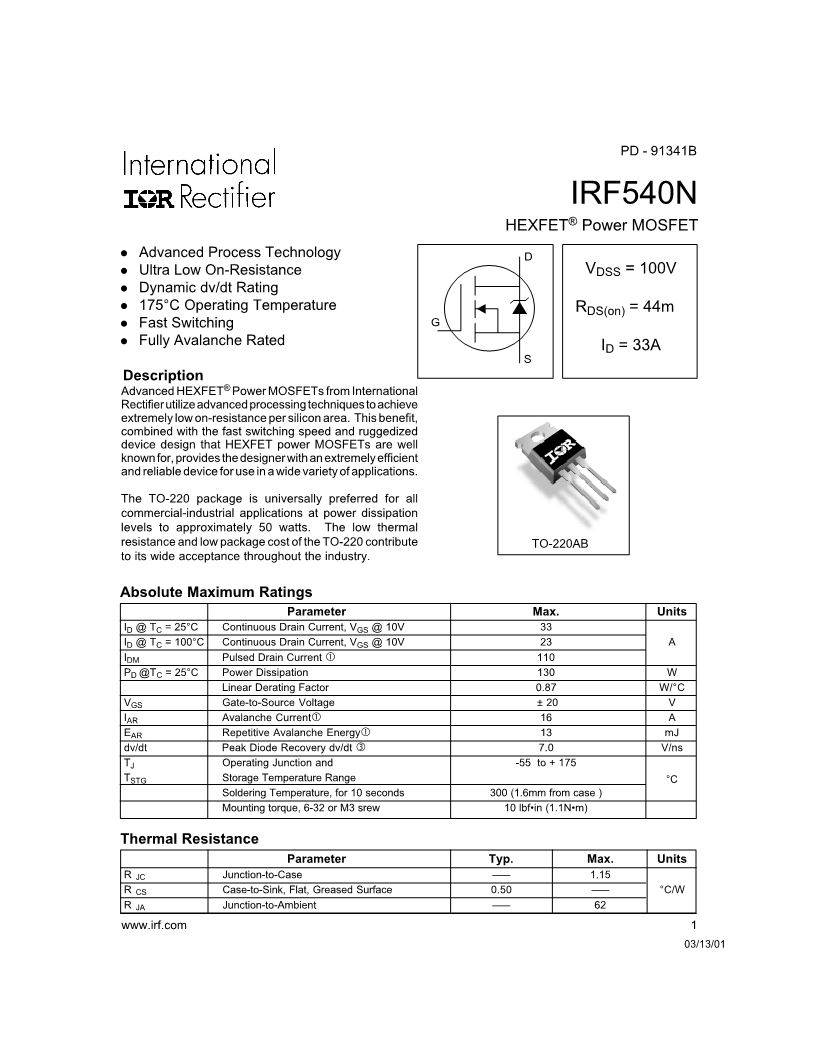 IRF540N NChannel HEXFET Datasheet Electronic Component Datasheets