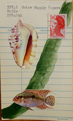 conch seashell French liberty postage stamp tropical fish library card water supply papers mail art Dada Fluxus collage