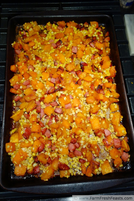 Roasted Acorn and Butternut Squash with Corn and Smoked Sausage