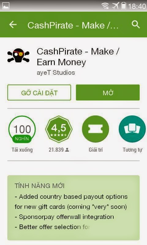 Kiếm tiền trên điện thoại Android CashPirate