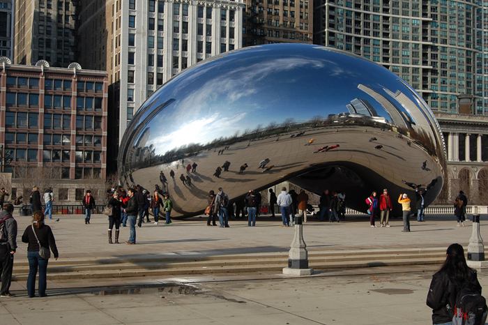 Cloud Gate, a public sculpture is the centerpiece of the AT&T Plaza in Millennium Park within the Loop community area of Chicago, Illinois, United States. The sculpture is nicknamed "The Bean" because of its bean-like shape. Made up of 168 stainless steel plates welded together, its highly polished exterior has no visible seams. 