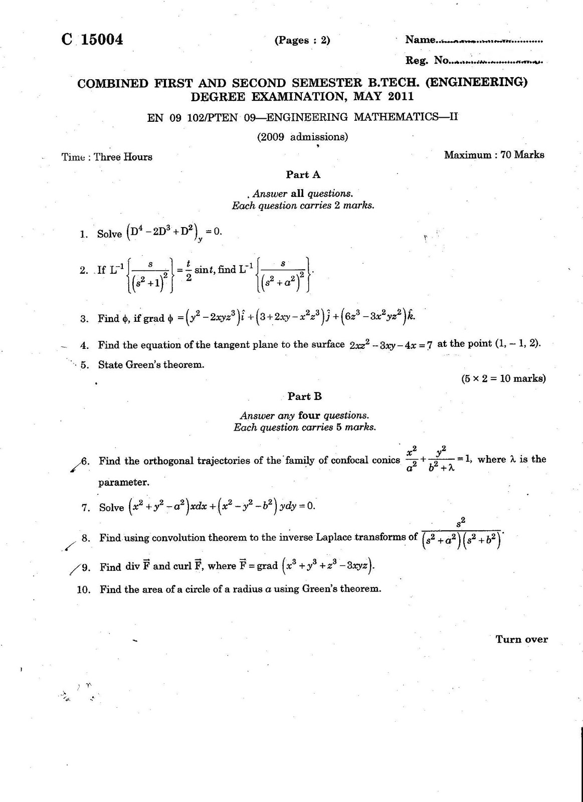 B.TECH QUESTION PAPERS CALICUT UNIVERSITY PTEN/EN09 102ENGINEERING