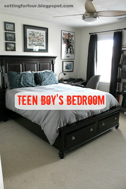Teen Boy's Bedroom Decor Tips including wall art ideas, storage ideas, bedding and furniture ideas! Mom and Teen approved! www.settingforfour.com