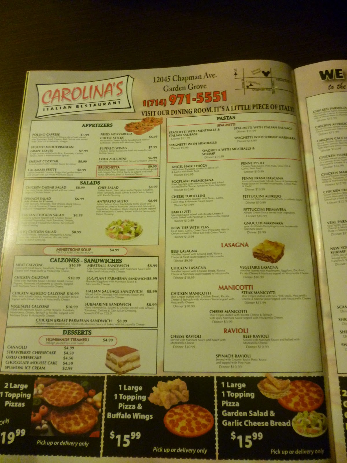 Vc Menu Carolina S Italian Restaurant Garden Grove