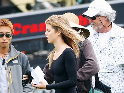 AnnaLynne McCord in black catsuit filming 90210