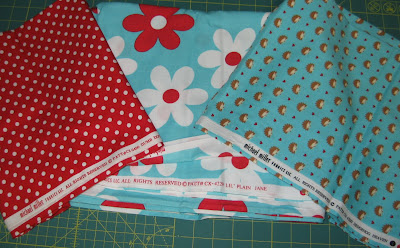 Border, Backing, Binding Fabrics for Red and Aqua Quilt