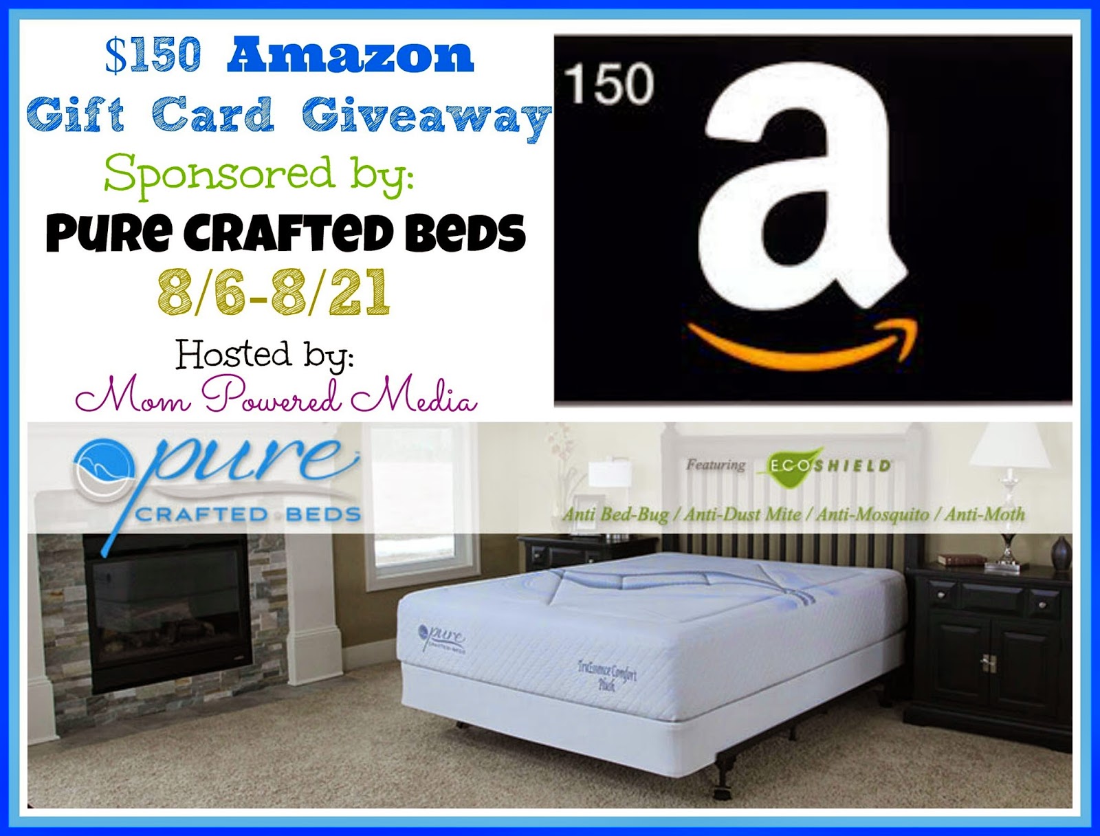 Enter to #win a $150 Amazon Gift Card from Pure Crafted Beds. Giveaway ends 8/21.