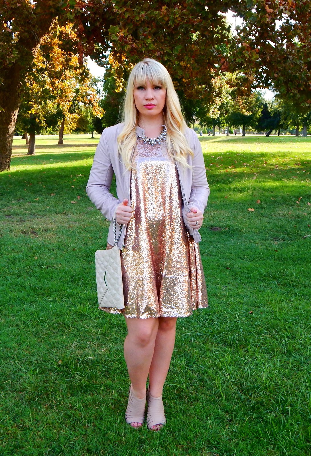 Rose Gold Sequin Dress with Leather Jacket