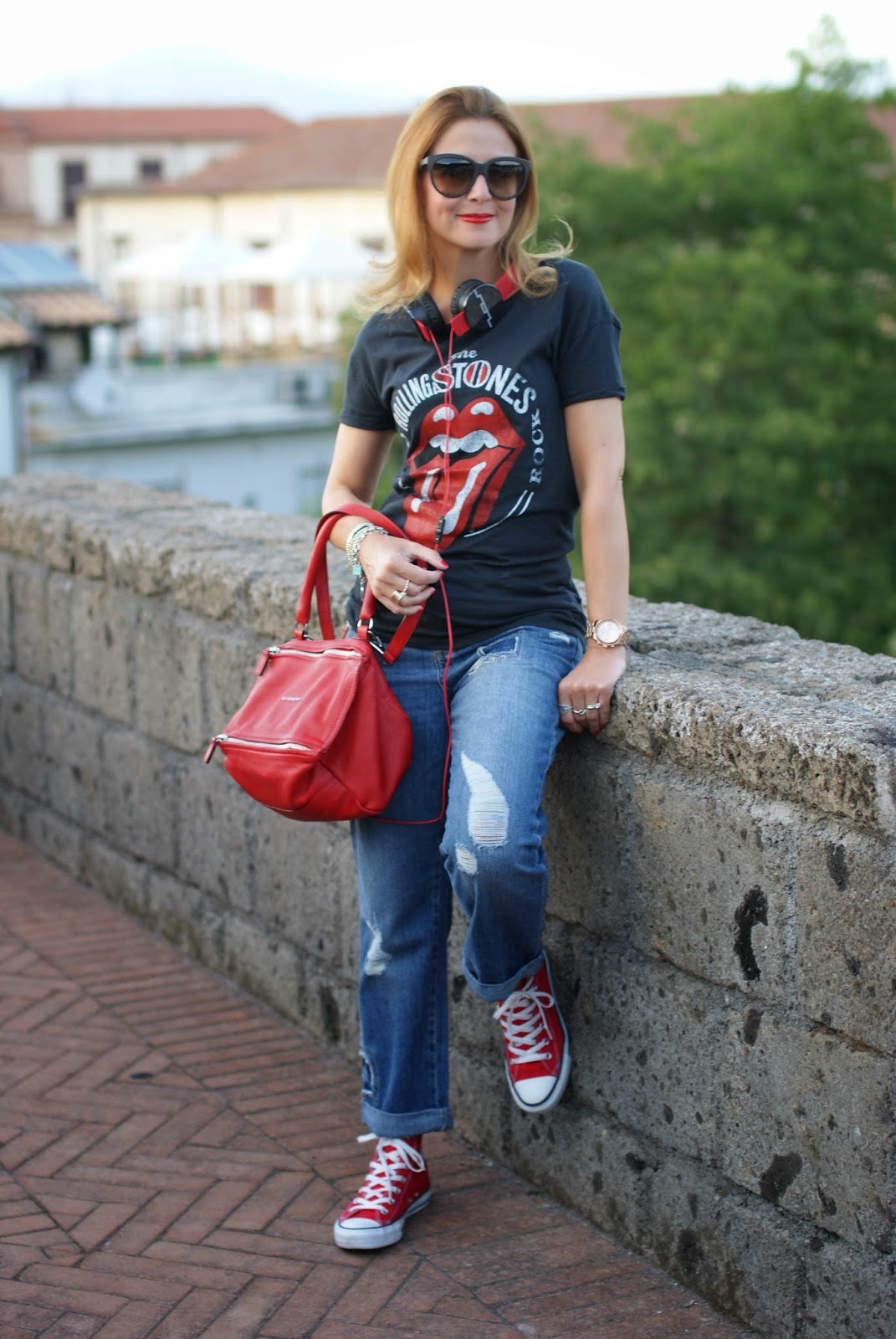 Givenchy red Pandora bag, Rolling Stones tee, Fashion and Cookies, fashion blogger
