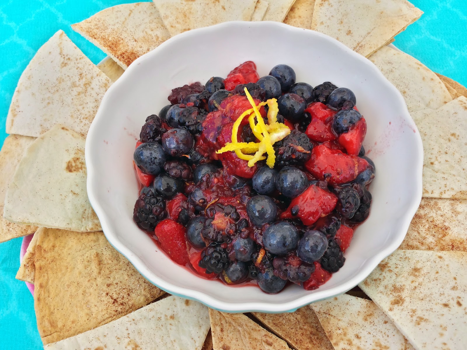 triple berry salsa and cinnamon sugar tortilla chips close up