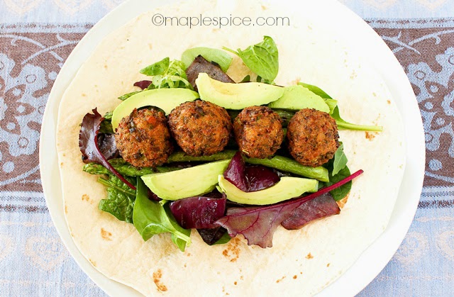 Lemon-Dill Petite Pois Falafel, Chargrilled Asparagus and Red Onion Salad Wrap. Vegan recipe.