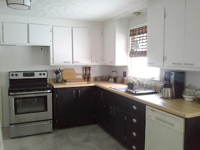 Black white tuxedo kitchen painted faux brick