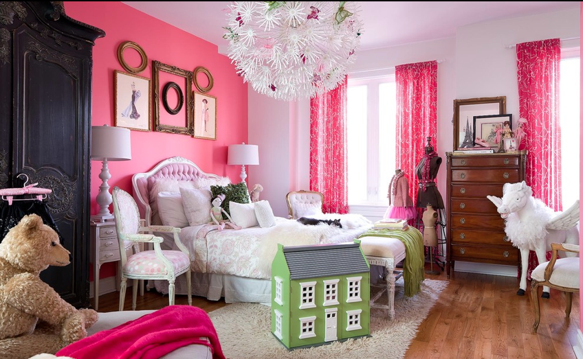 Girls with Pink Accent Wall Bedroom