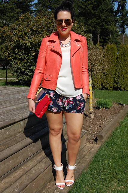 Coral leather Theory jacket, Club Monaco silk tank, Walmart shorts, Topshop heels and a Halston Heritage clutch.